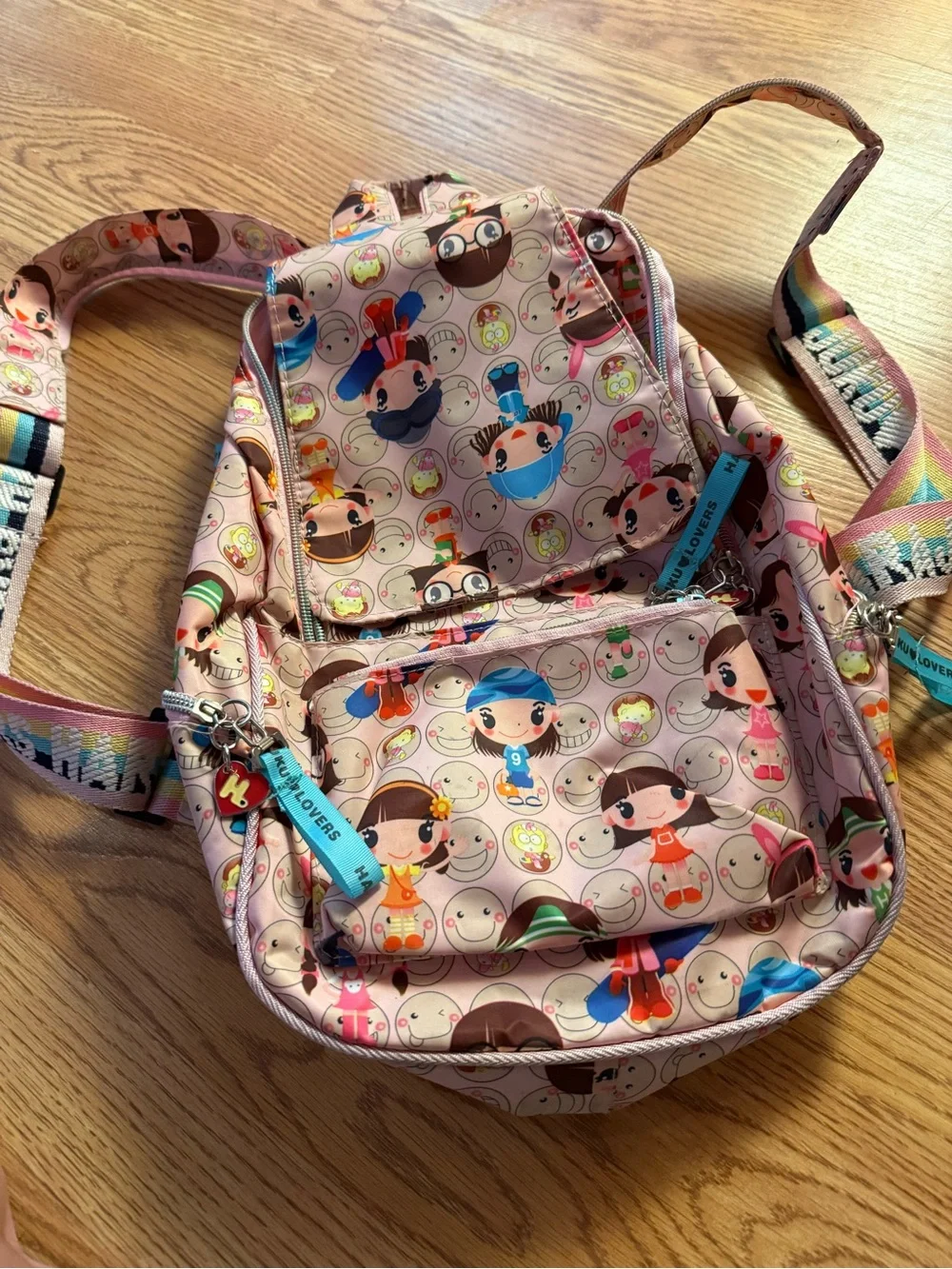 Harajuku Lovers Pink Character Print Mini Backpack with Rainbow Straps
